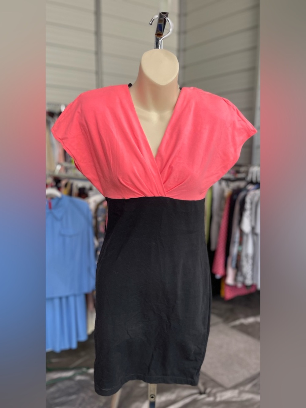 Vintage - Women's Two-Tone Coral and Black V-Neck Dress